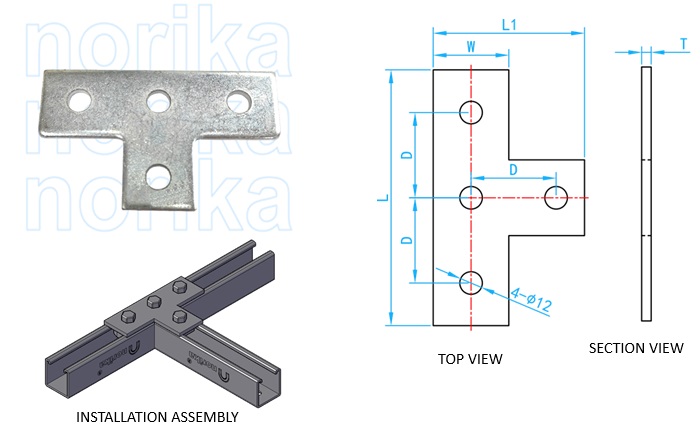 Unistrut 4 Hole T Flat Slotted Splice Plate